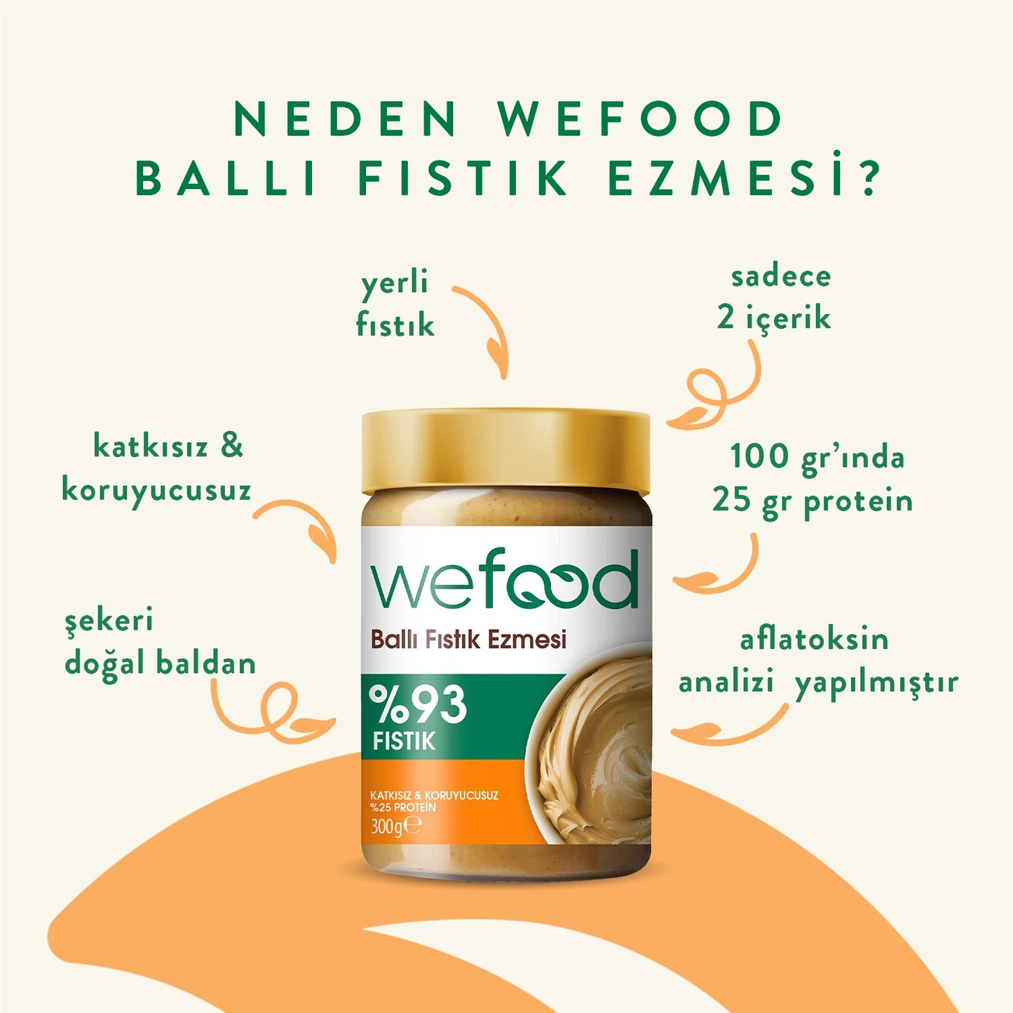 Wefood Şekersiz Ham Ballı Fıstık Ezmesi 300 gr (Fıstık Parçacıklı)