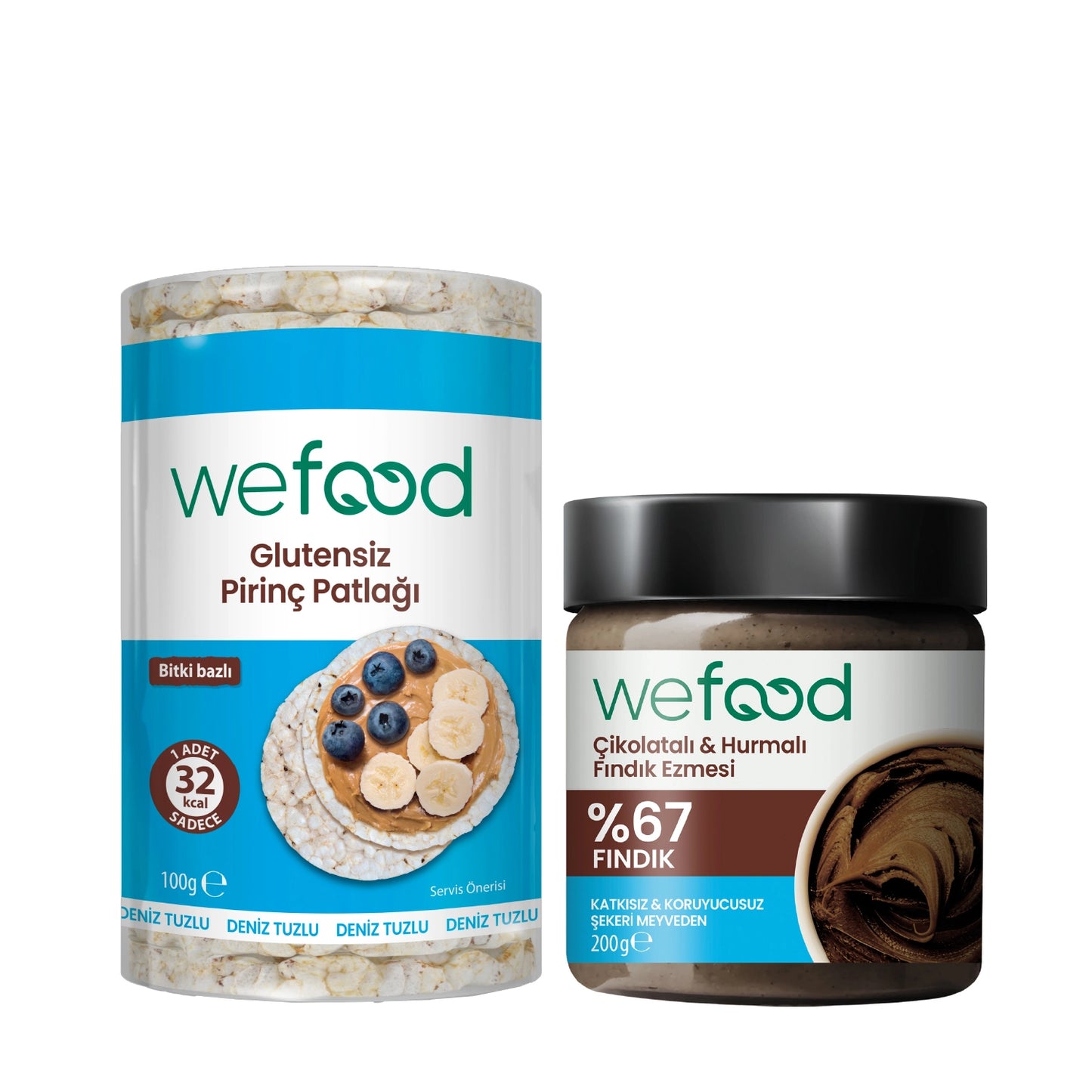 Wefood Çikolatalı Hurmalı Fındık Ezmesi 200 gr + Wefood Glutensiz Pirinç Patlağı 100 gr
