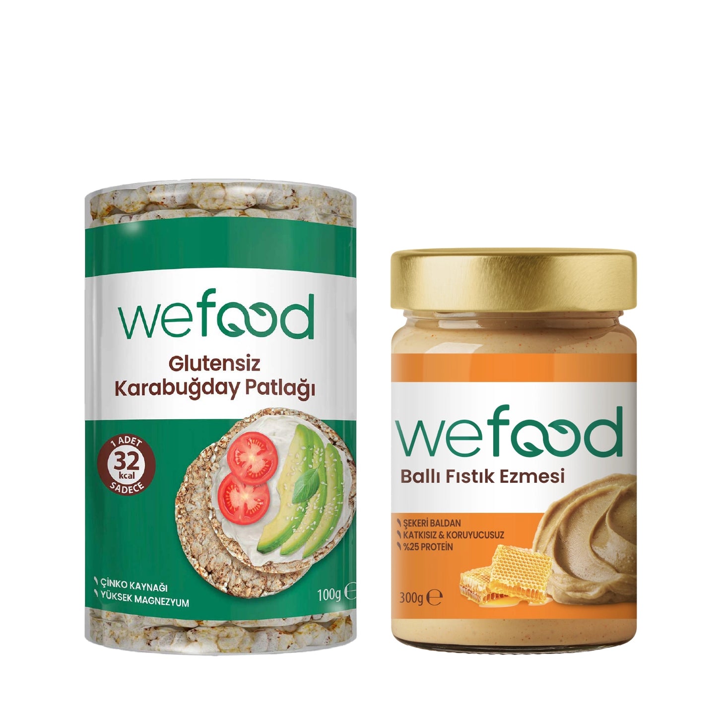Wefood Şekersiz Ham Ballı Fıstık Ezmesi 300 gr + Wefood Glutensiz Karabuğday Patlağı 100 gr