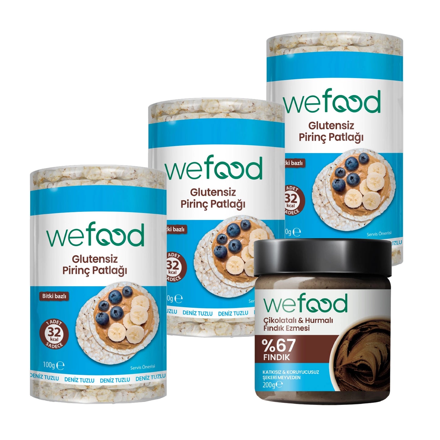 Wefood Çikolatalı Hurmalı Fındık Ezmesi 200 gr + Wefood Glutensiz Pirinç Patlağı 100 gr 3'lü