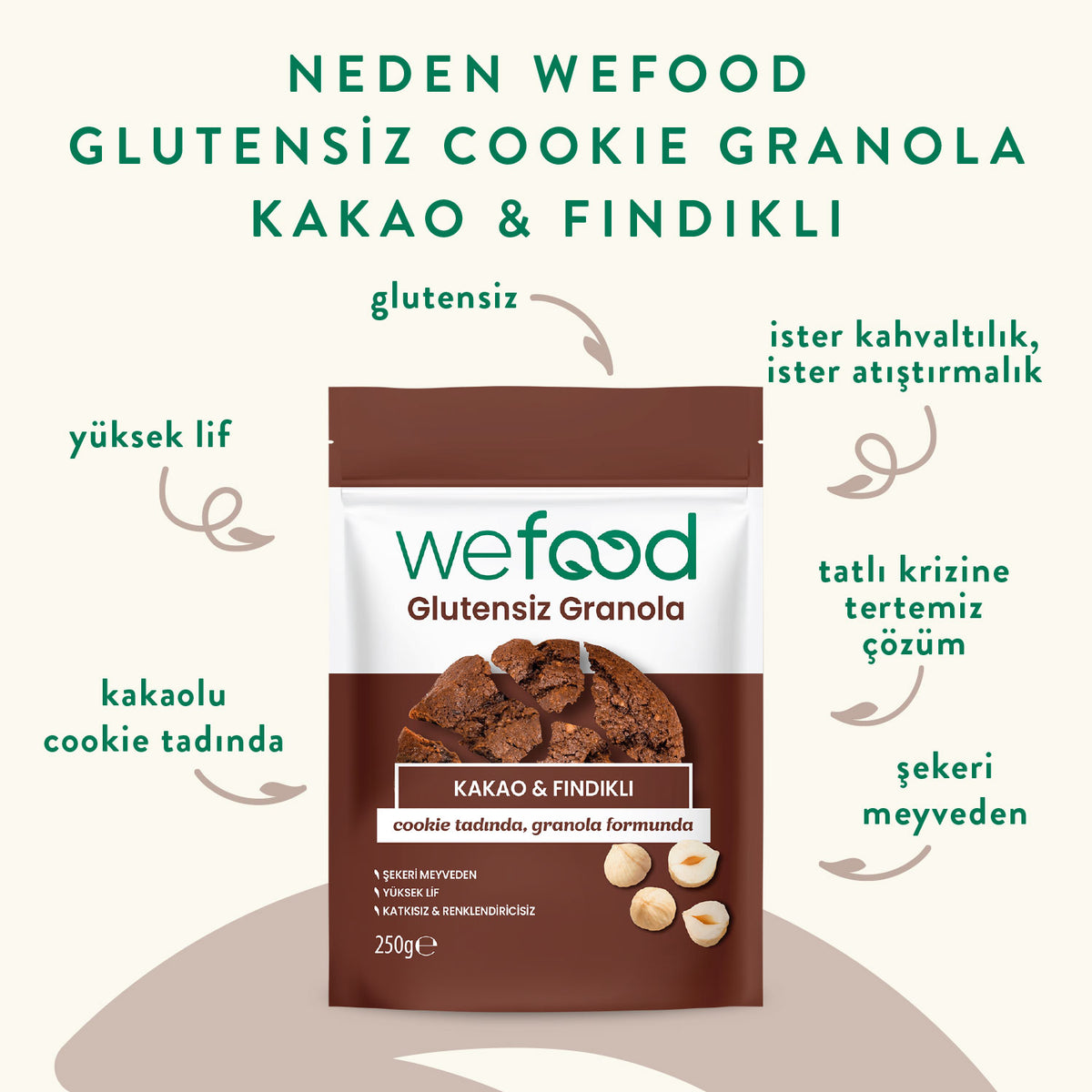 Wefood Glutensiz Granola Kakao & Fındıklı 250 gr 3'lü