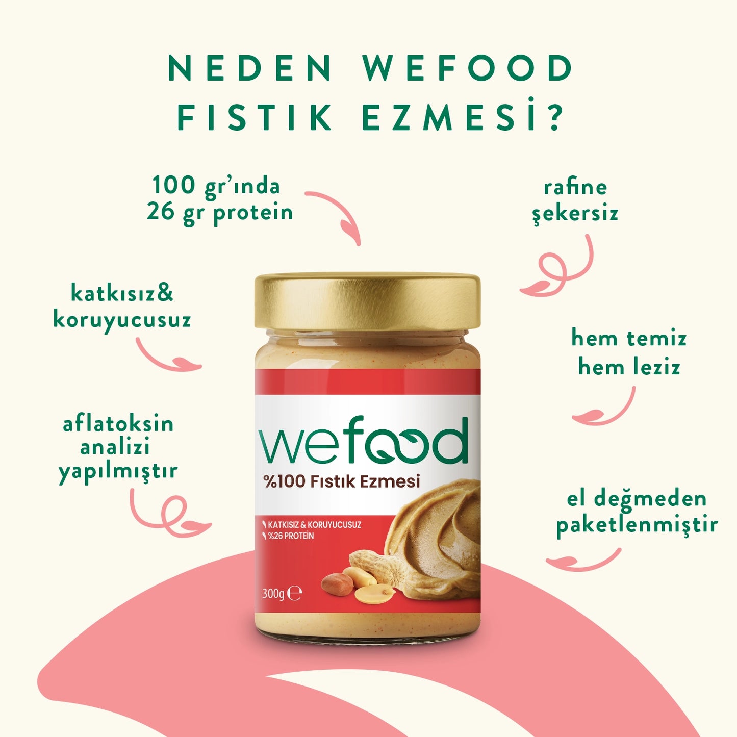 Wefood Şekersiz Sade %100 Fıstık Ezmesi 300 gr