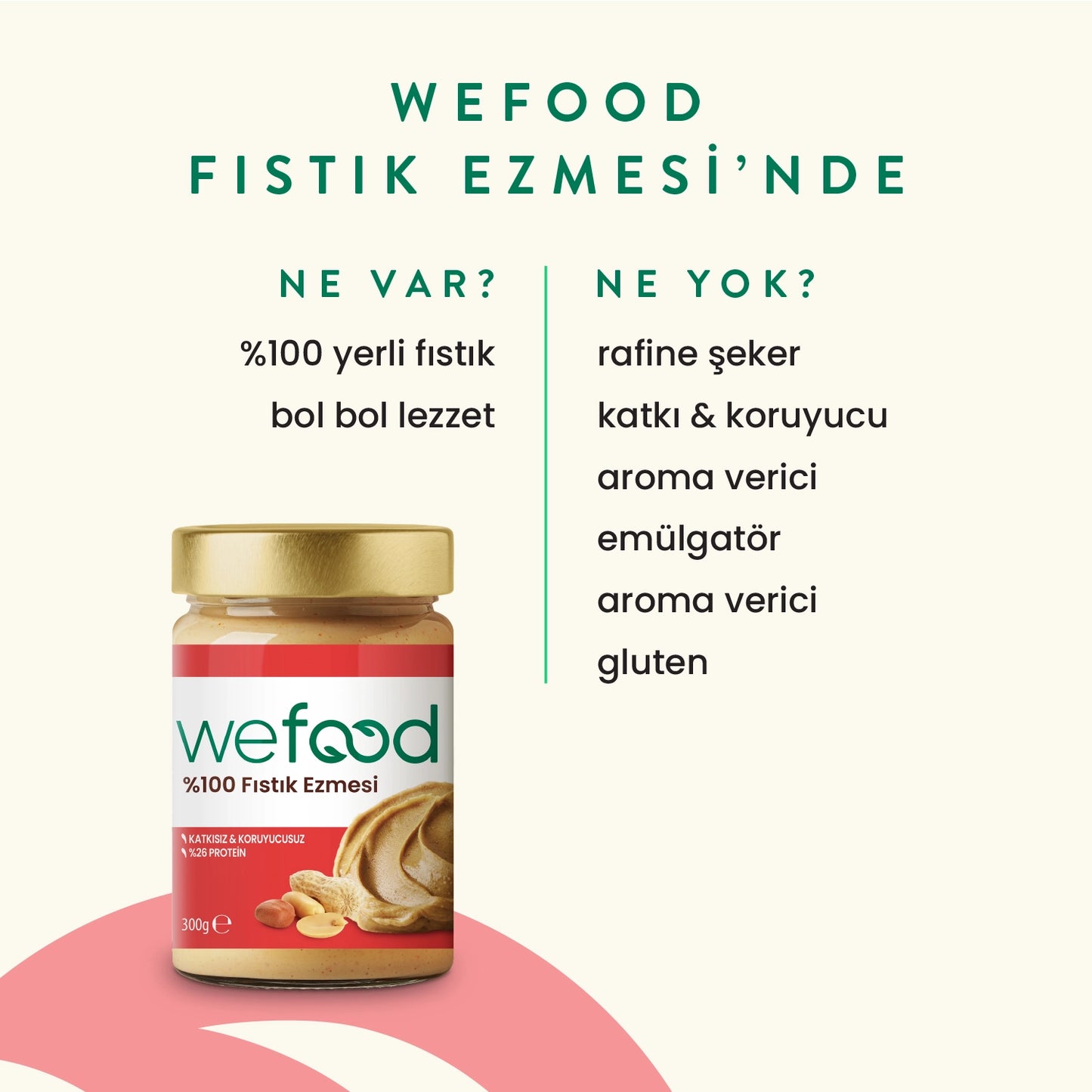Wefood Şekersiz Sade %100 Fıstık Ezmesi 300 gr