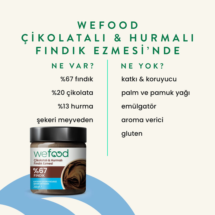 Wefood Çikolatalı Hurmalı Fındık Ezmesi (Şekeri Meyveden, Katkısız) 200 gr