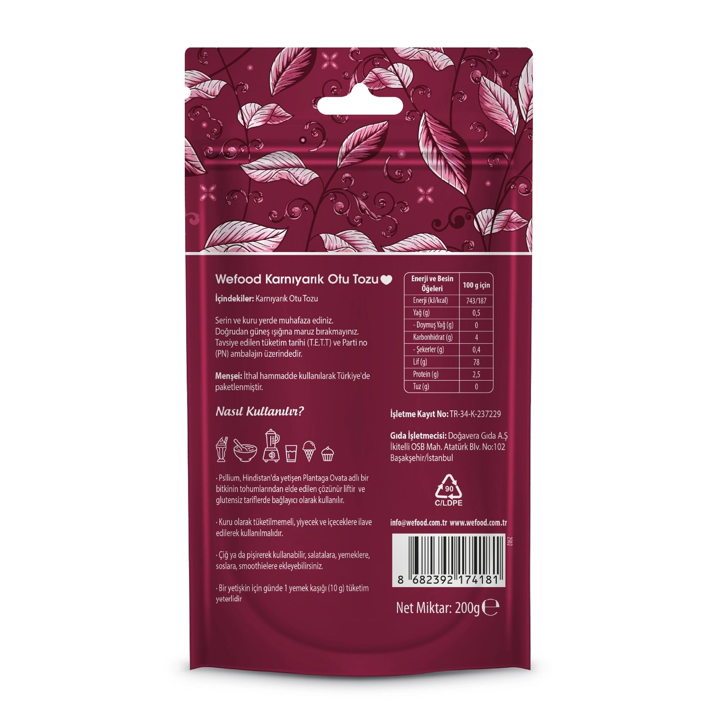 Wefood  Karnıyarık Otu (Psyllium) Tozu 200 gr