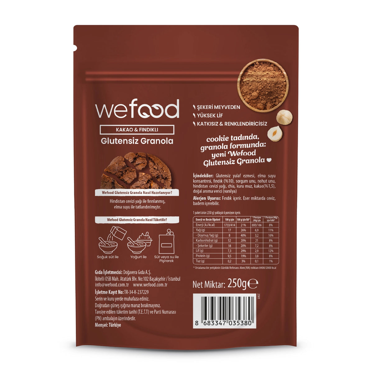 Wefood Glutensiz Granola Kakao & Fındıklı 250 gr 3'lü