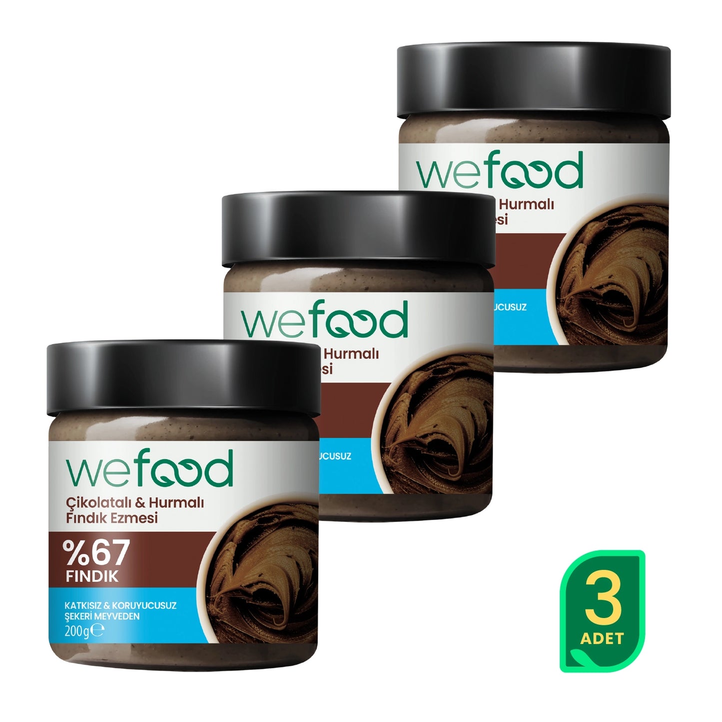 Wefood Çikolatalı Hurmalı Fındık Ezmesi (Şekersiz, Katkısız) 200 gr 3'lü