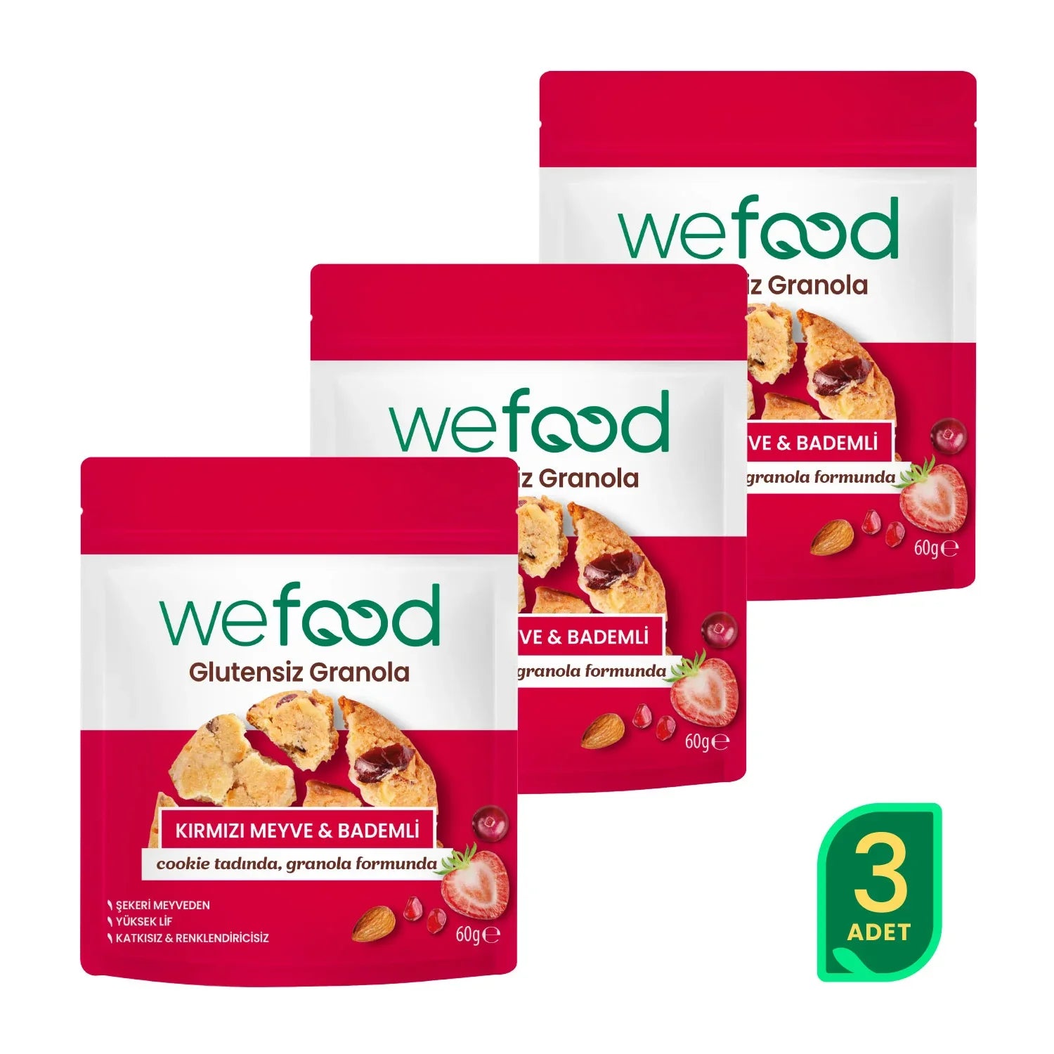 Glutensiz Granola Kırmızı Meyve & Bademli 60 gr 3'lü