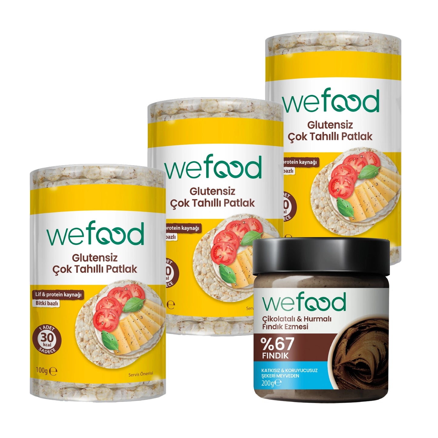 Wefood Çikolatalı Hurmalı Fındık Ezmesi 200 gr + Wefood Glutensiz Çok Tahıllı Patlak 100 gr 3'lü