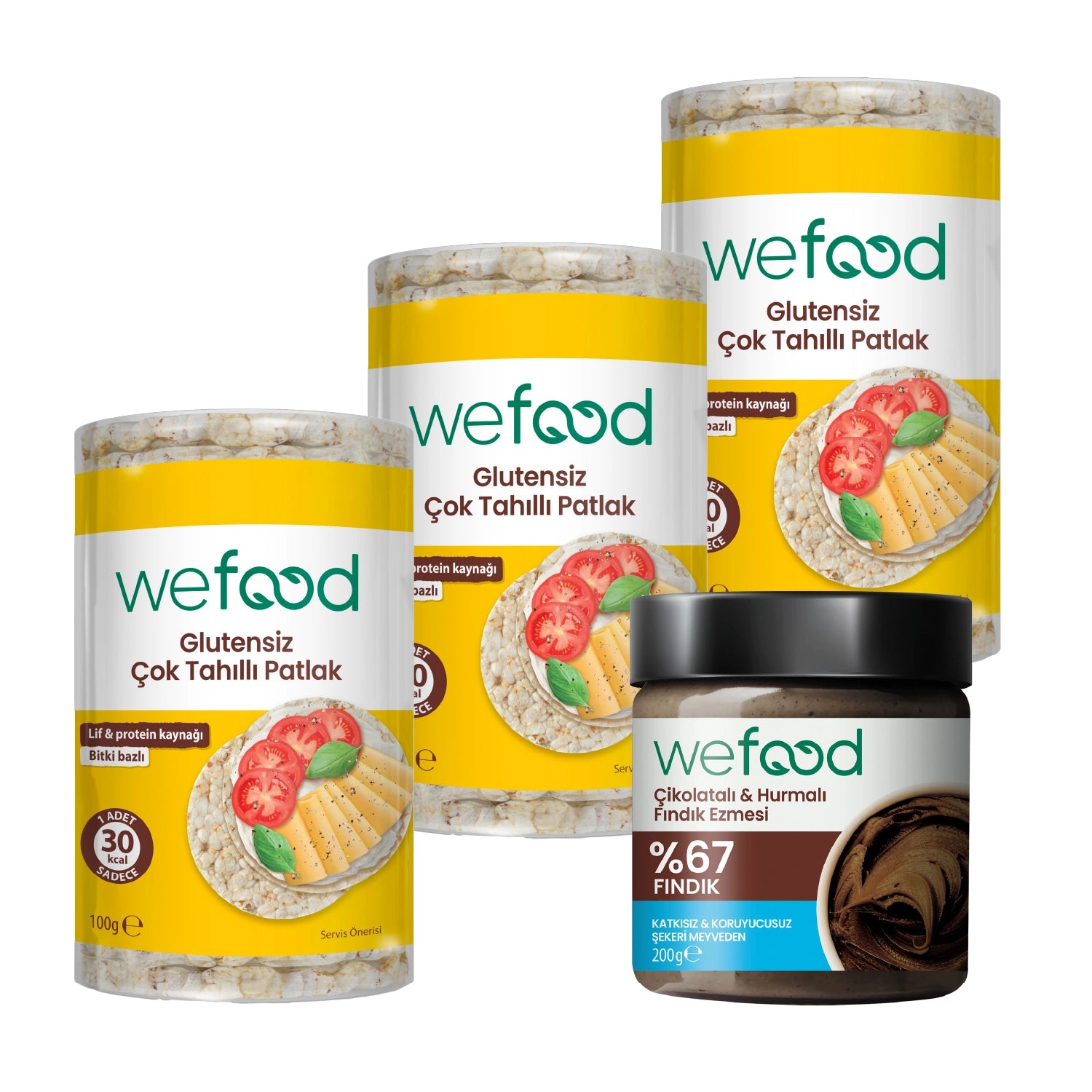Wefood Çikolatalı Hurmalı Fındık Ezmesi 200 gr + Wefood Glutensiz Çok Tahıllı Patlak 100 gr 3'lü
