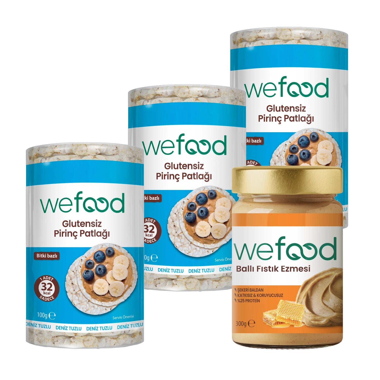 Wefood Şekersiz Ham Ballı Fıstık Ezmesi 300 gr + Wefood Glutensiz Pirinç Patlağı 100 gr 3'lü
