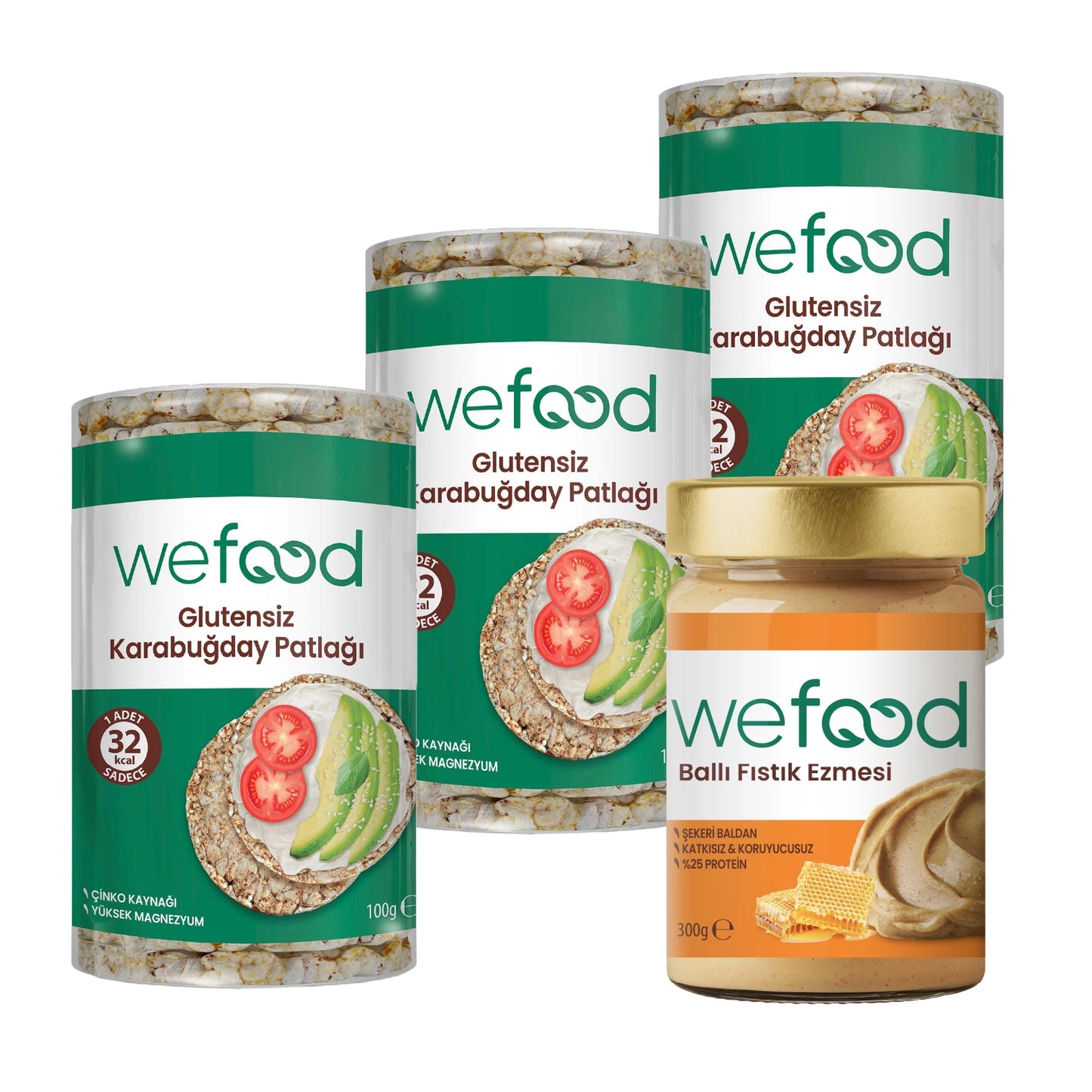 Wefood Şekersiz Ham Ballı Fıstık Ezmesi 300 gr + Wefood Glutensiz Karabuğday Patlağı 100 gr 3'lü