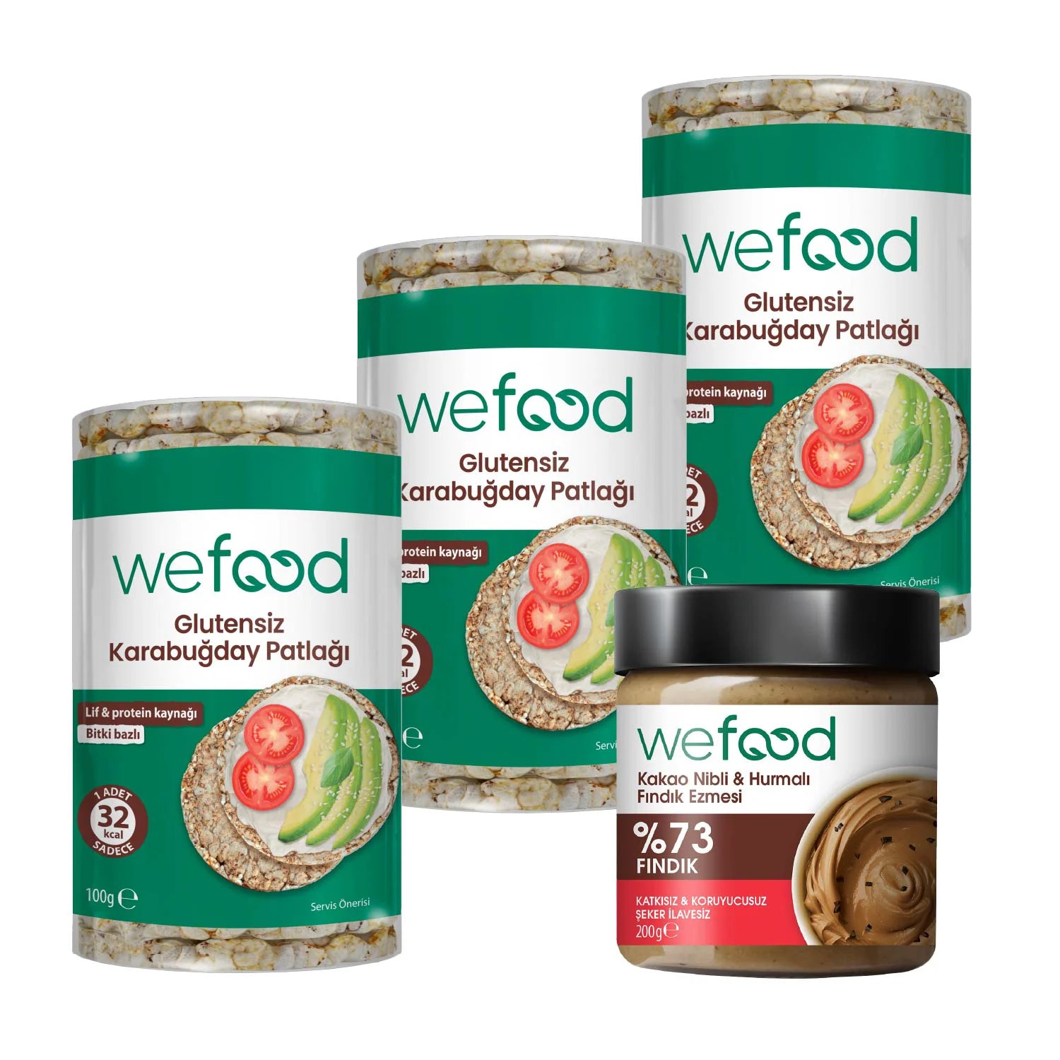 Wefood Kakao Nibli Fındık Ezmesi 200 gr +Wefood Glutensiz Karabuğday Patlağı 100 gr 3'lü