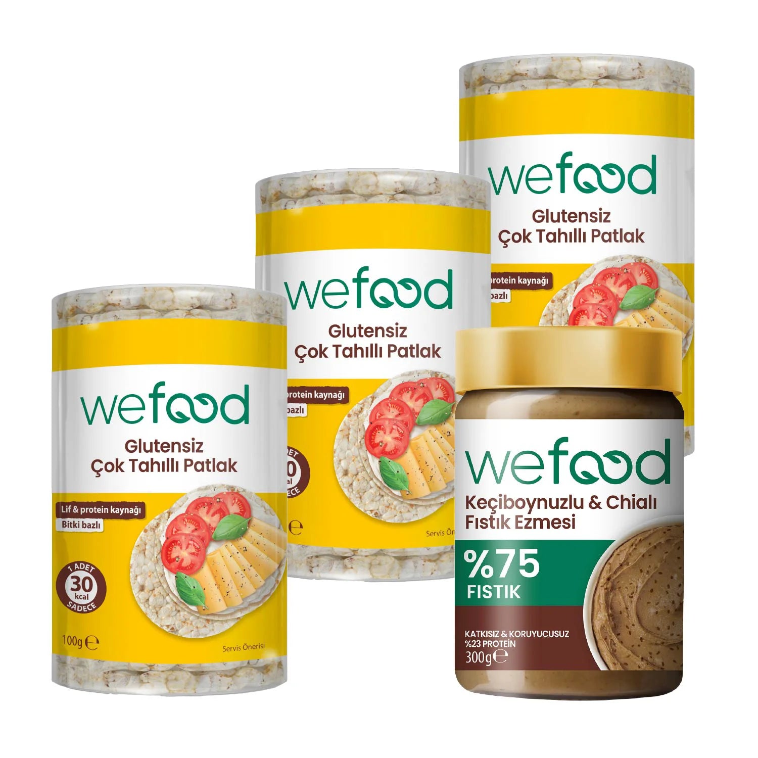 Wefood Keçiboynuzlu & Chialı Fıstık Ezmesi 300 g + Wefood Glutensiz Çok Tahıllı Patlak 100 gr 3'lü