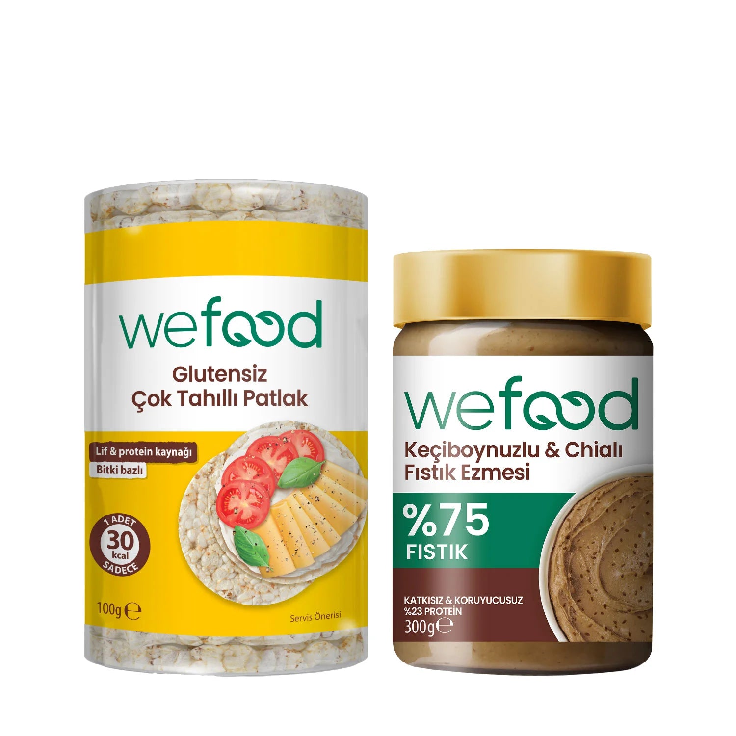 Wefood Keçiboynuzlu & Chialı Fıstık Ezmesi 300 g + Wefood Glutensiz Çok Tahıllı Patlak 100 gr