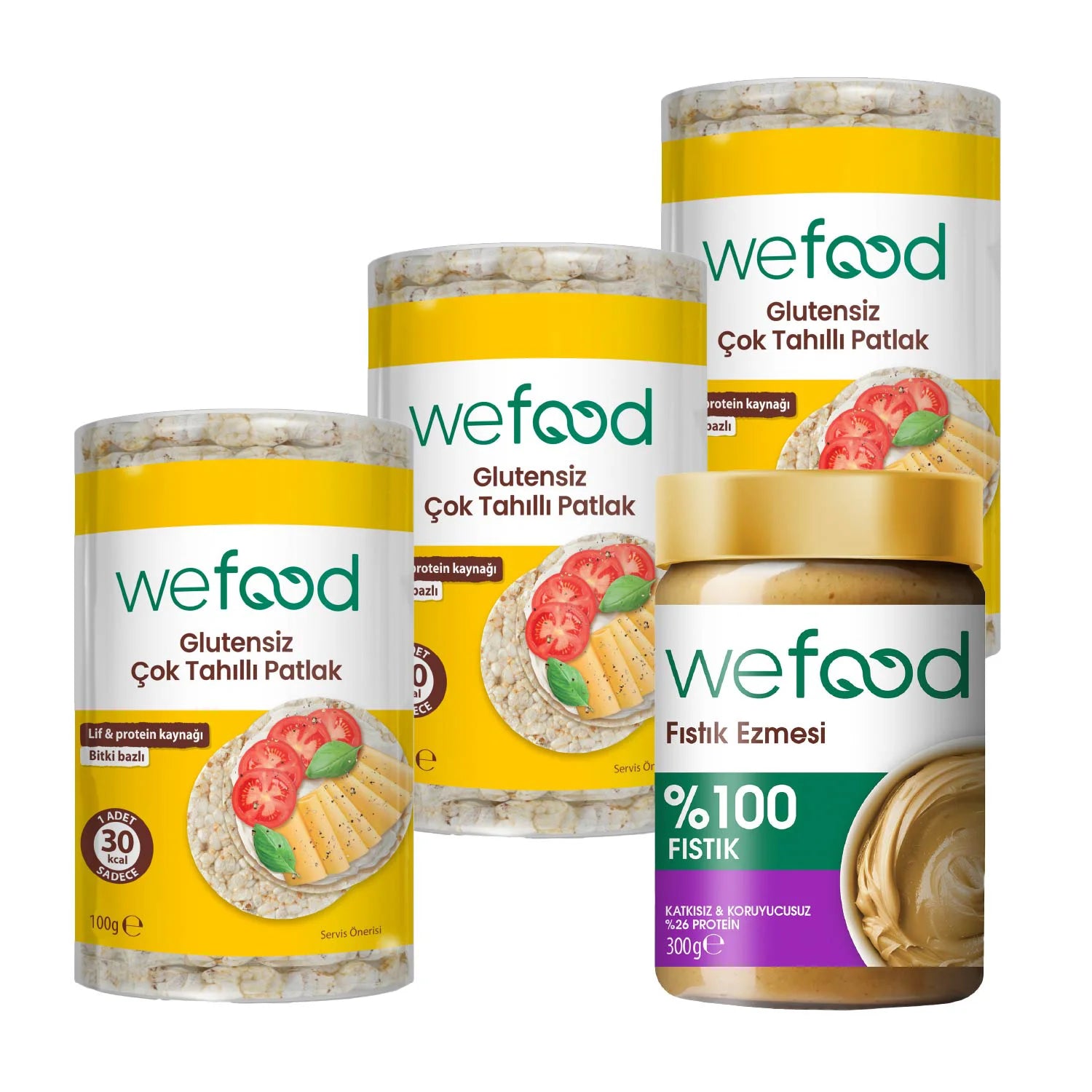 Wefood %100 Fıstık Ezmesi 300 gr + Wefood Glutensiz Çok Tahıllı Patlak 100 gr 3'lü