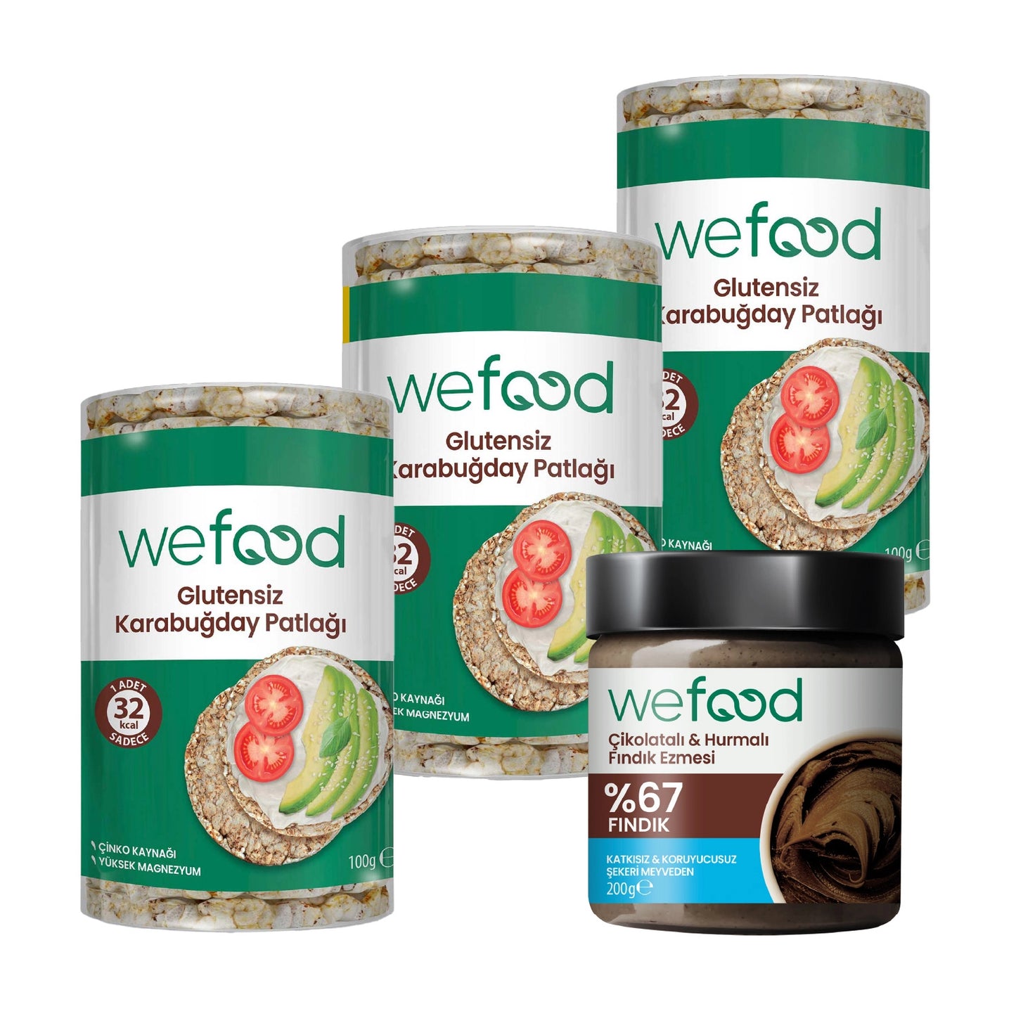 Wefood Çikolatalı Hurmalı Fındık Ezmesi 200 gr + Wefood Glutensiz Karabuğday Patlağı 100 gr 3'lü