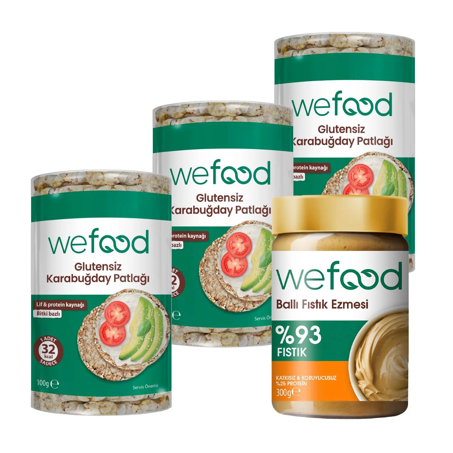 Wefood Şekersiz Ham Ballı Fıstık Ezmesi 300 gr + Wefood Glutensiz Karabuğday Patlağı 100 gr 3'lü