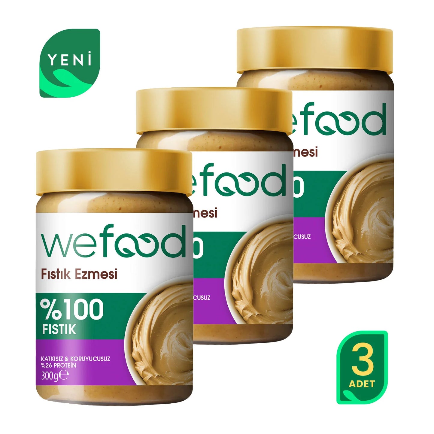 Wefood Şekersiz Sade %100 Fıstık Ezmesi 300 gr 3'lü