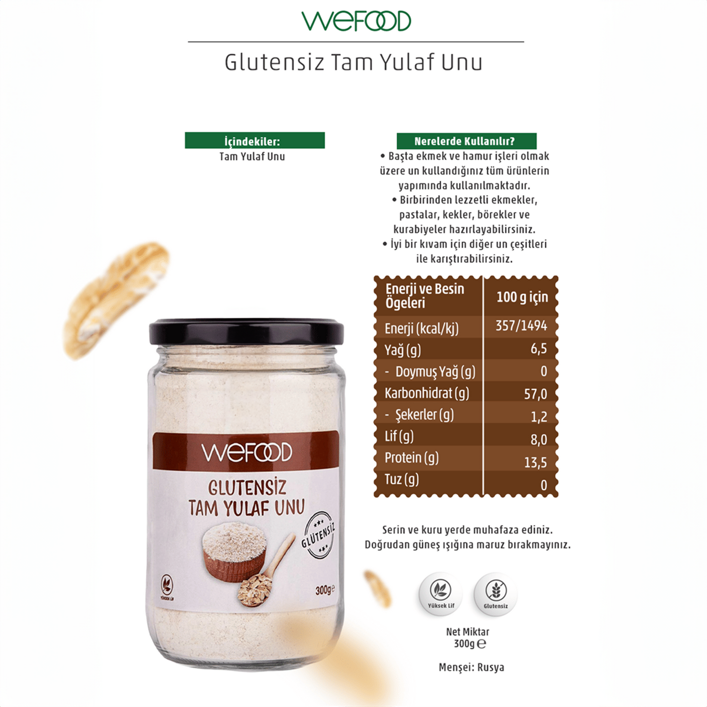 Wefood Glutensiz Tam Yulaf Unu 300 gr